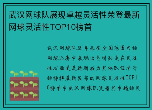 武汉网球队展现卓越灵活性荣登最新网球灵活性TOP10榜首